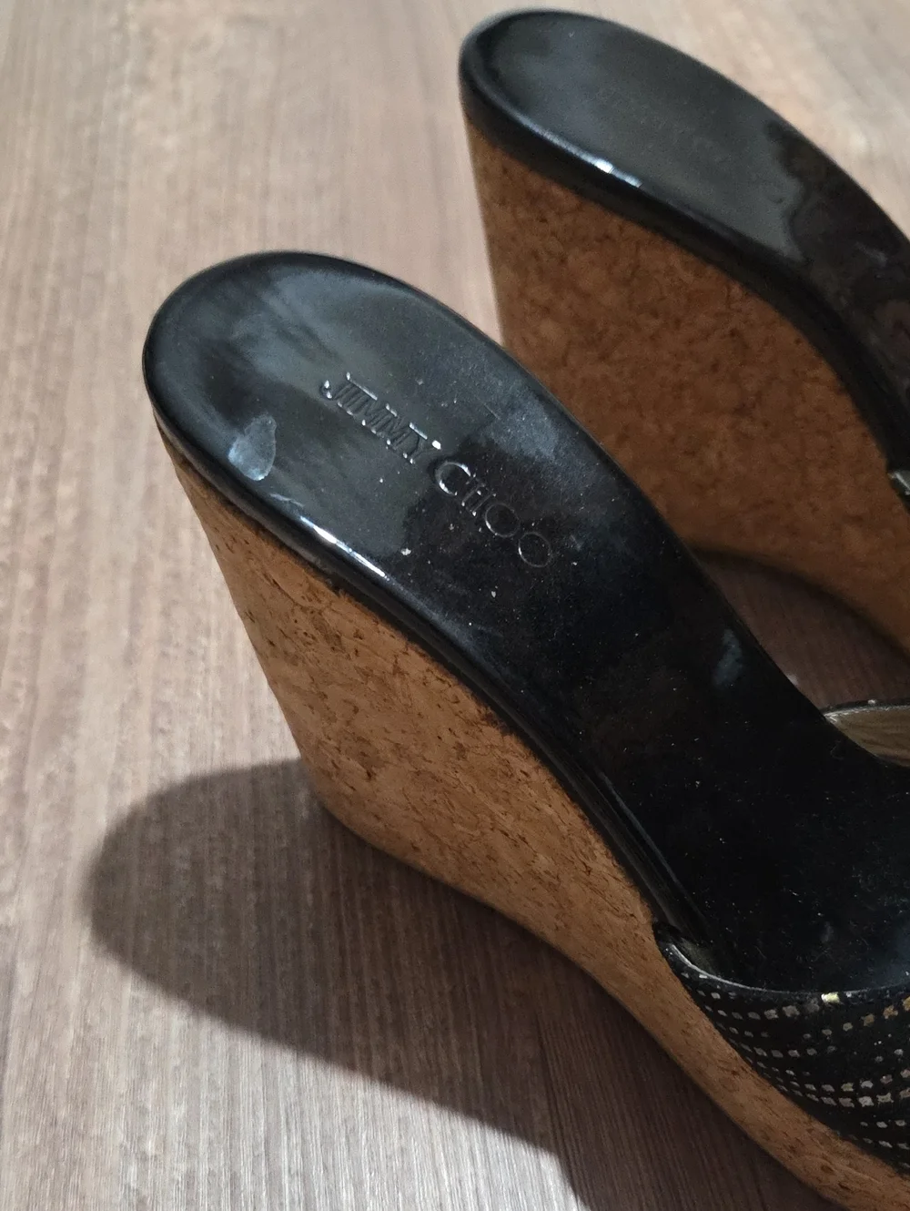 Jimmy Choo Black Cork Wedge Sandals with Metallic Accents